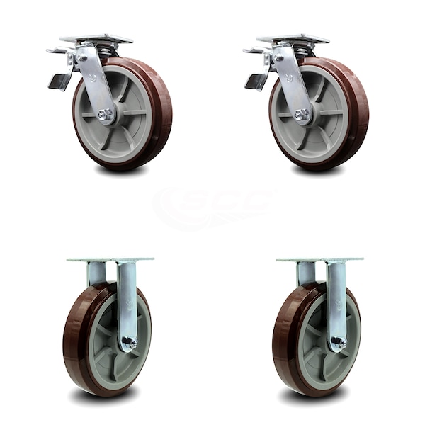 Service Caster 8 Inch Polyurethane Caster Set with Ball Bearing 2 Brakes 2 Rigid SCC-TTL30S820-PPUB-2-R-2 - main